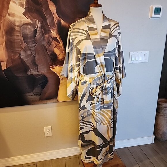 Vintage Natori Gold Grey Silver Ivory Swirls Kimono Wide Sleeve Wrap Robe XL - Picture 1 of 6